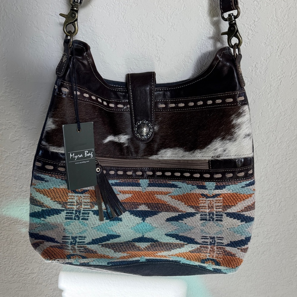 NWT Western Myra Bag Brown and Blue Patterned Shoulder Bag with Leather Cowhide - Picture 2 of 7